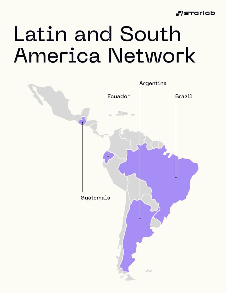 Map highlighting Starlab network locations across Latin America