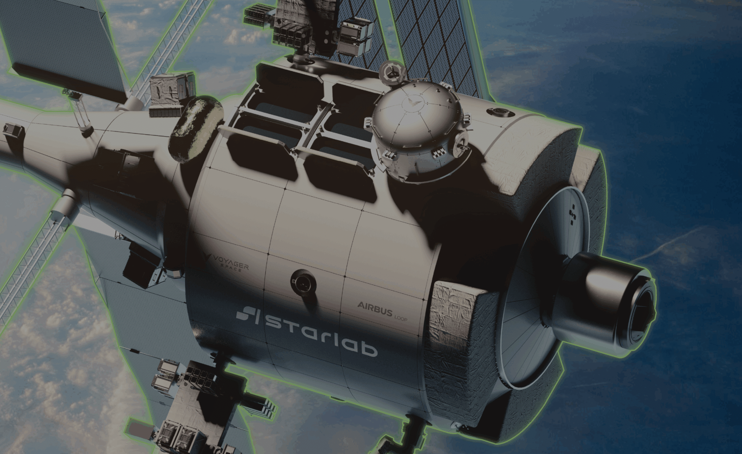 Airbus Starlab space station orbiting Earth with solar panels
