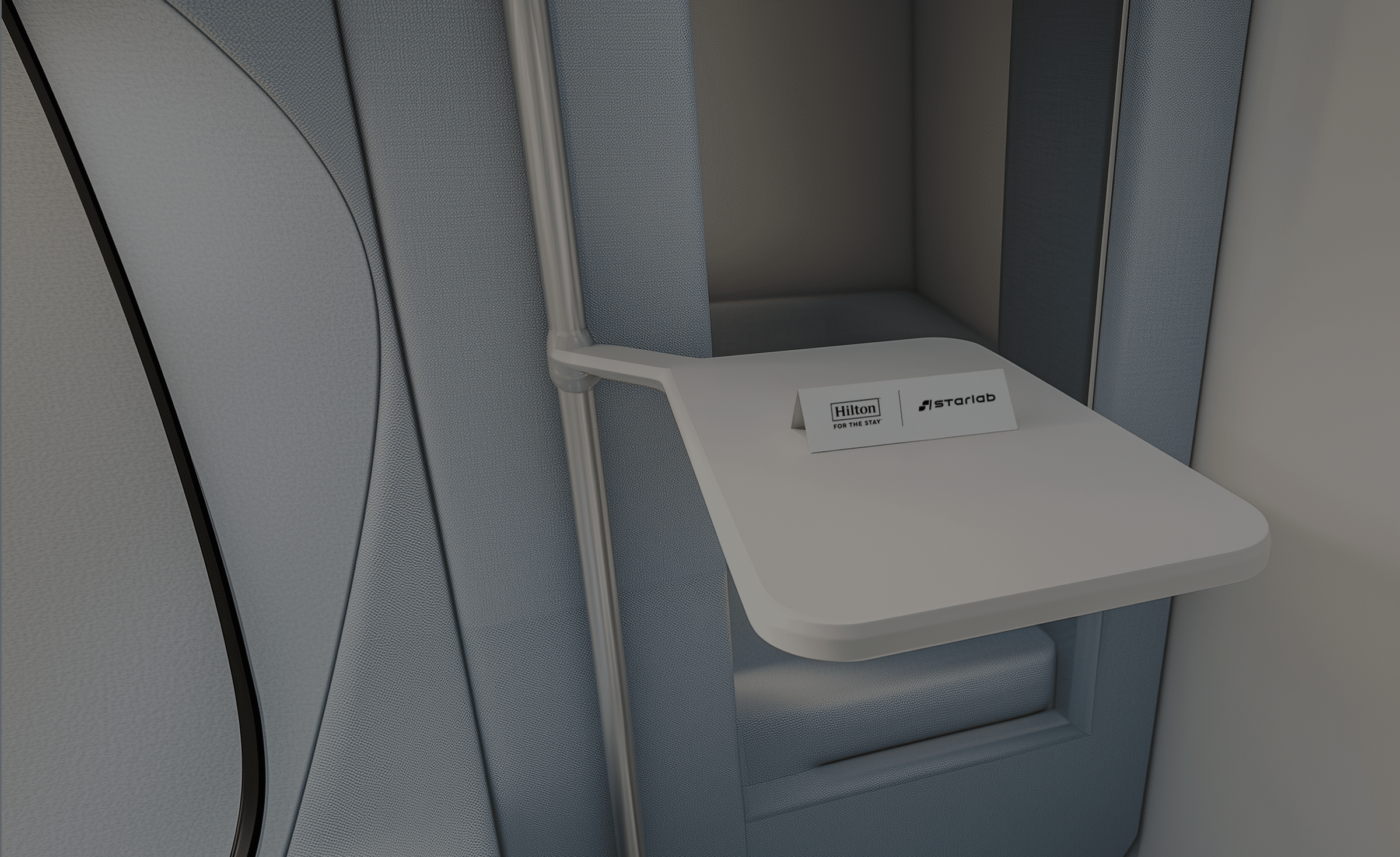 Modern airline seat with foldable tray and Hilton branding