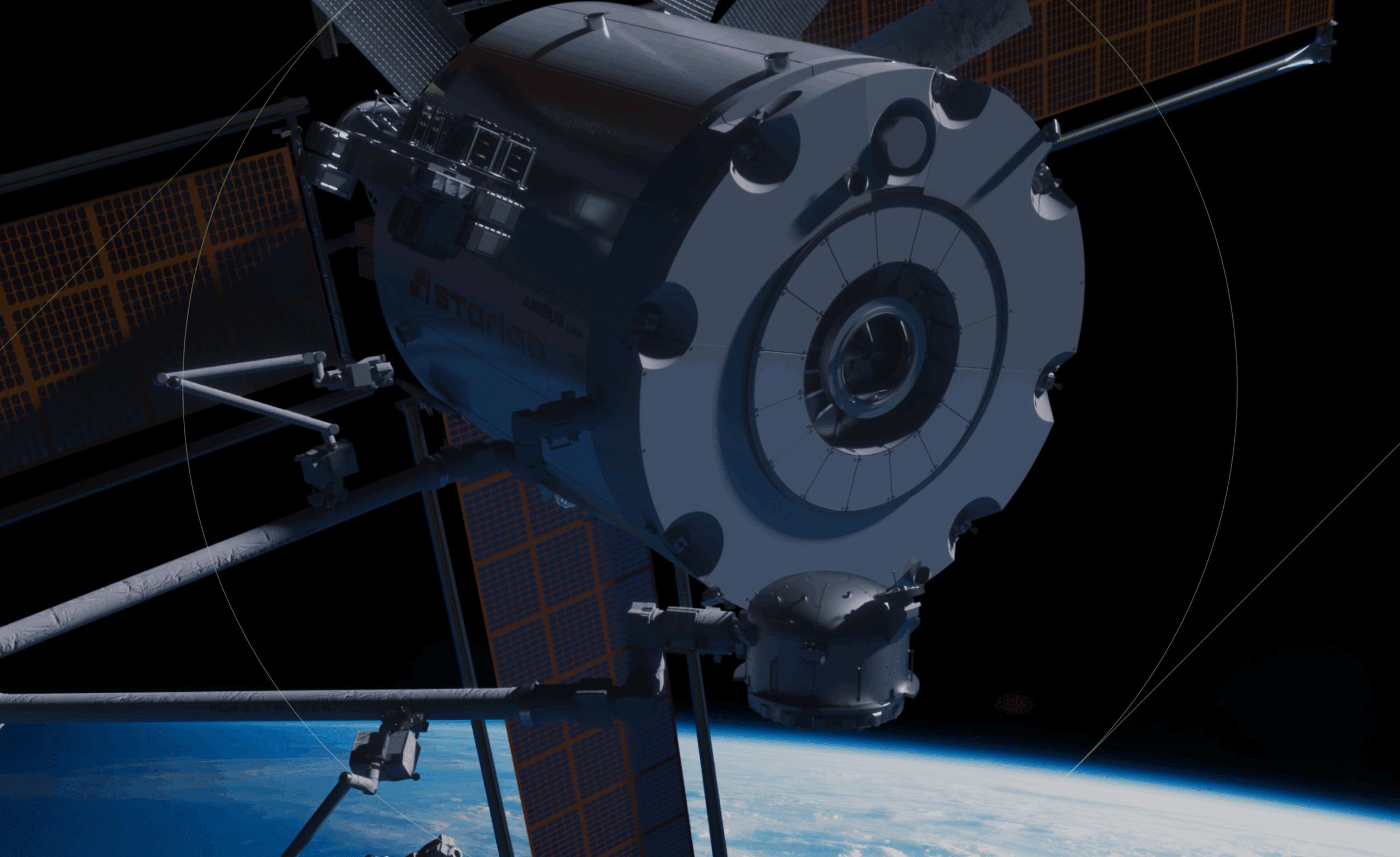Space station module orbiting Earth with solar panels