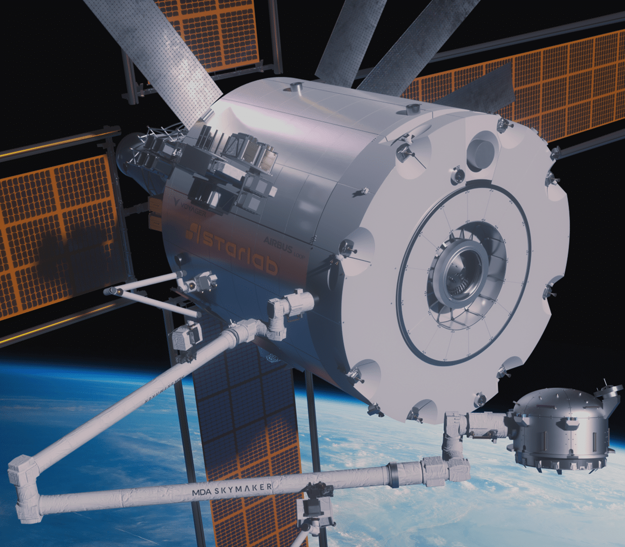 Detailed model of a spacecraft in orbit, labeled Starlab.