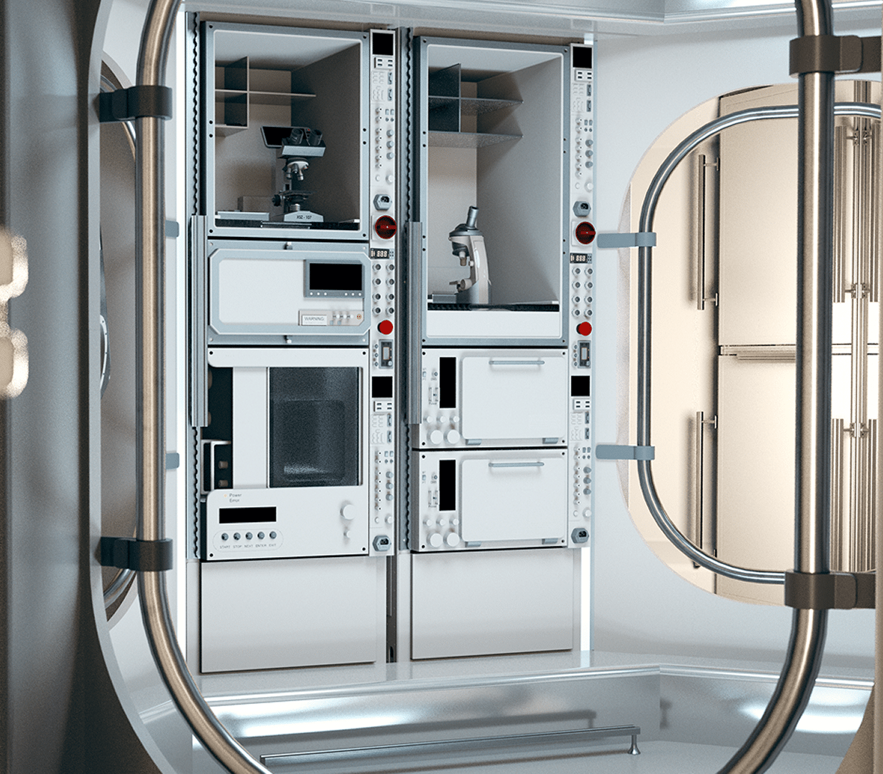 Futuristic laboratory equipment inside a cleanroom