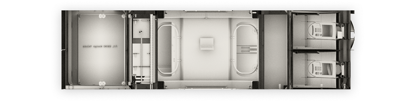Overhead view of detailed train car interior layout