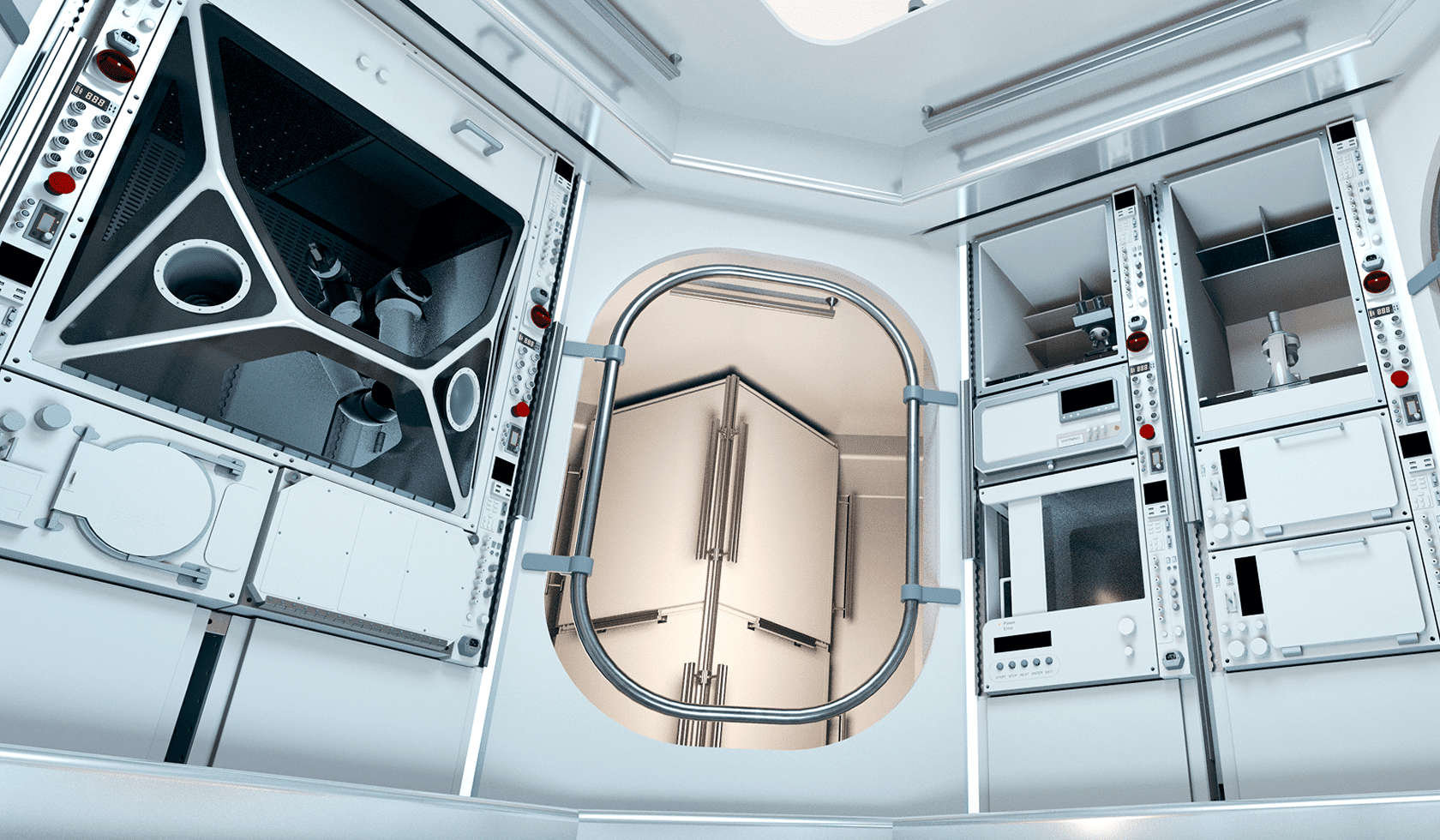 Futuristic spaceship interior with advanced control panels