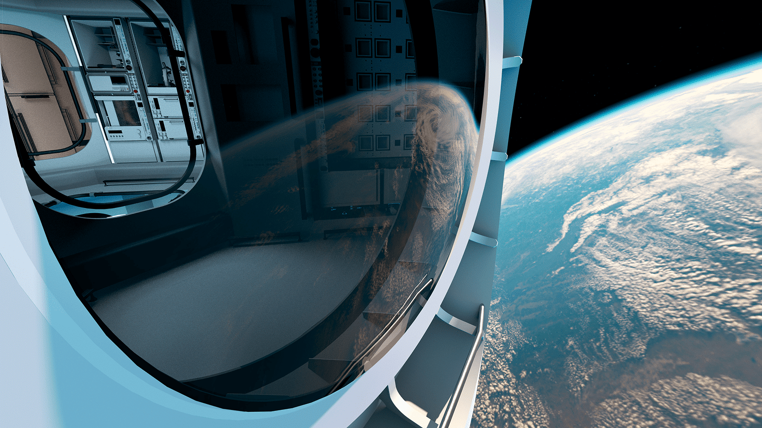 Spacecraft interior viewing Earth from orbit