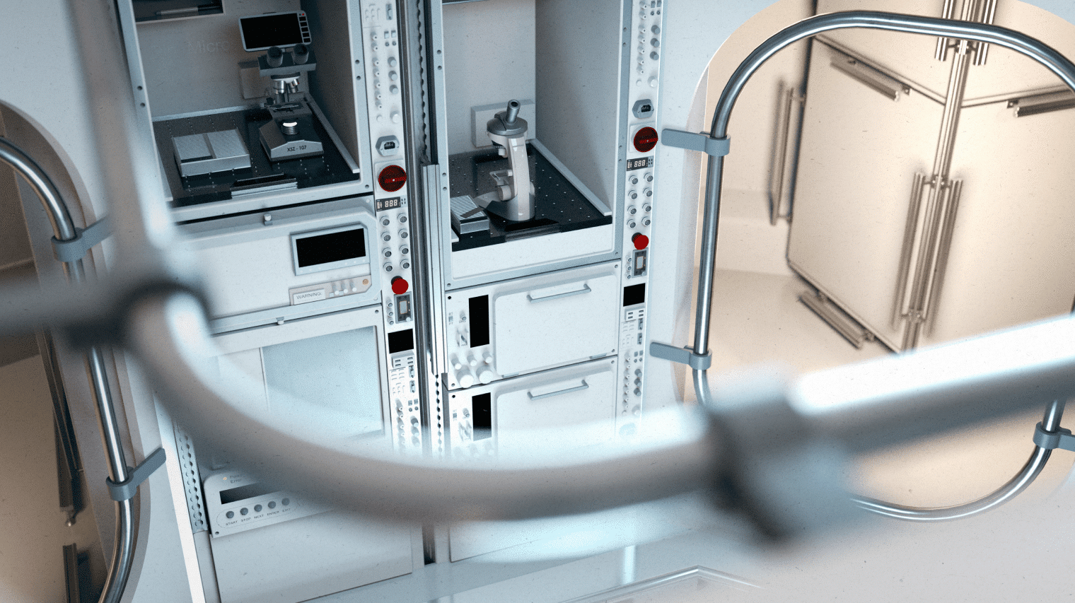 Space station interior with advanced technology and equipment.