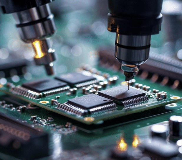 Precision machinery assembling microchip on circuit board