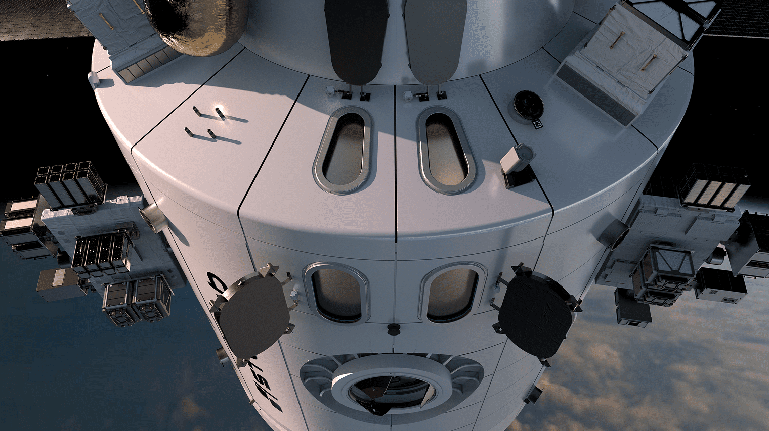 Detailed spacecraft docking on space station orbiting Earth
